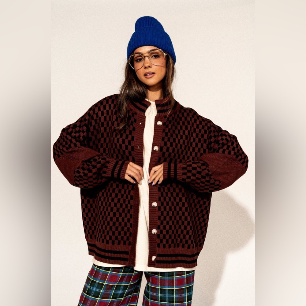 DRESSED IN LALA OVERSIZED CHECKERED CARDIGAN SWEATER | SMALL